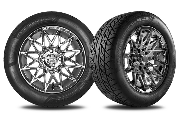 Morpheus street tire for lifted golf carts shown with Athena wheel