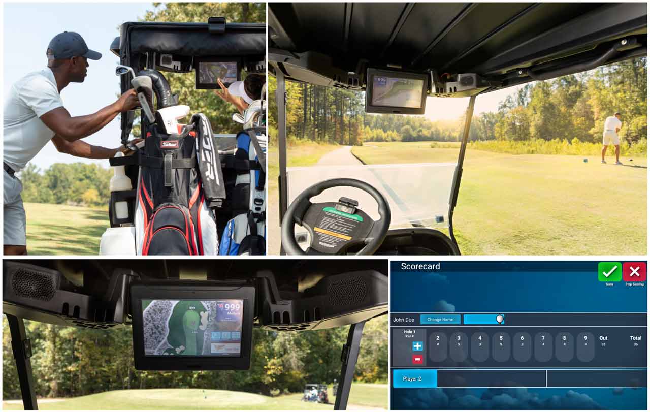 golf cart connected car display for golf club member carts with gps tracking