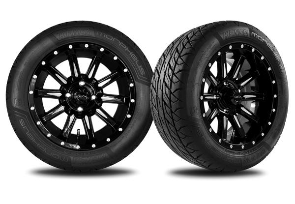 Morpheus street tire for lifted golf carts shown with Zeus wheel