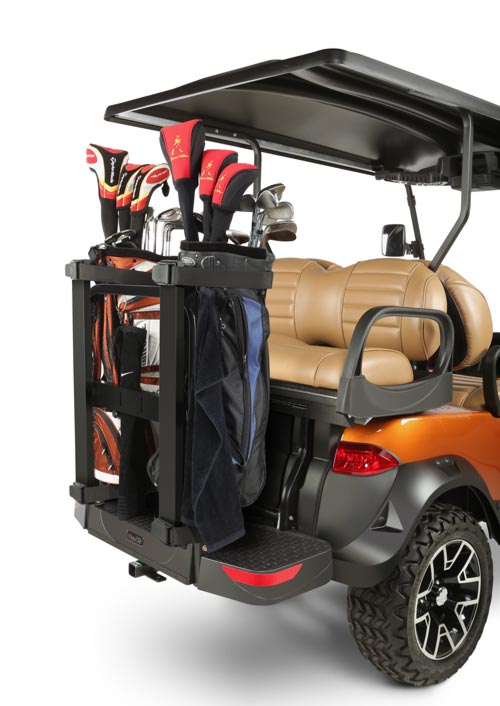 Golf bag holder for golf cart rear seat