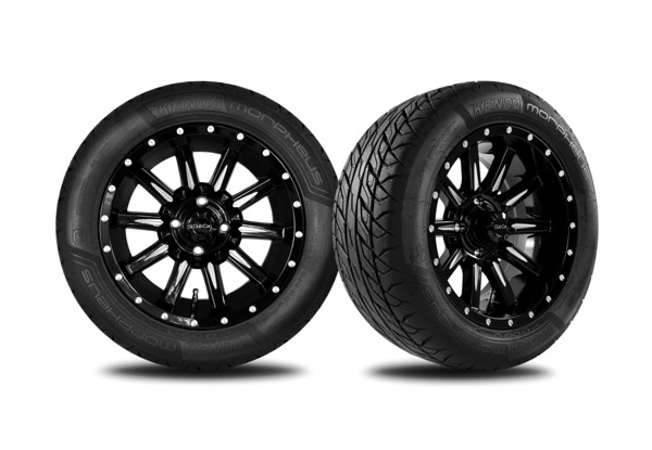 Zeus 14" gloss black wheels with Morpheus tires