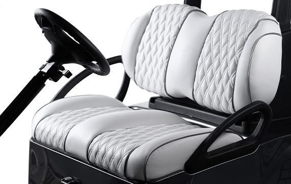 premium golf carts seats in white with silver diamond stitching