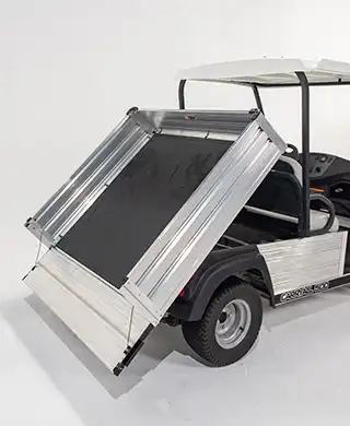 small utility vehicle bed with lift and open tailgate
