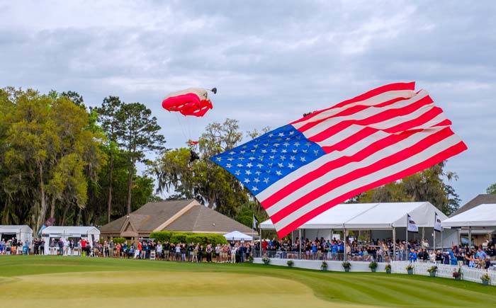 American flag over golf course
