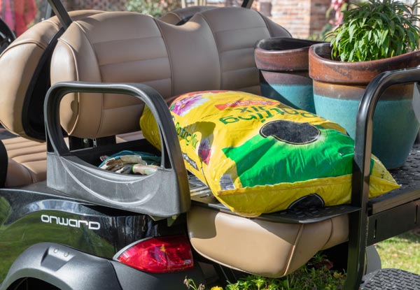 El asiento trasero del carrito de golf se despliega en la base