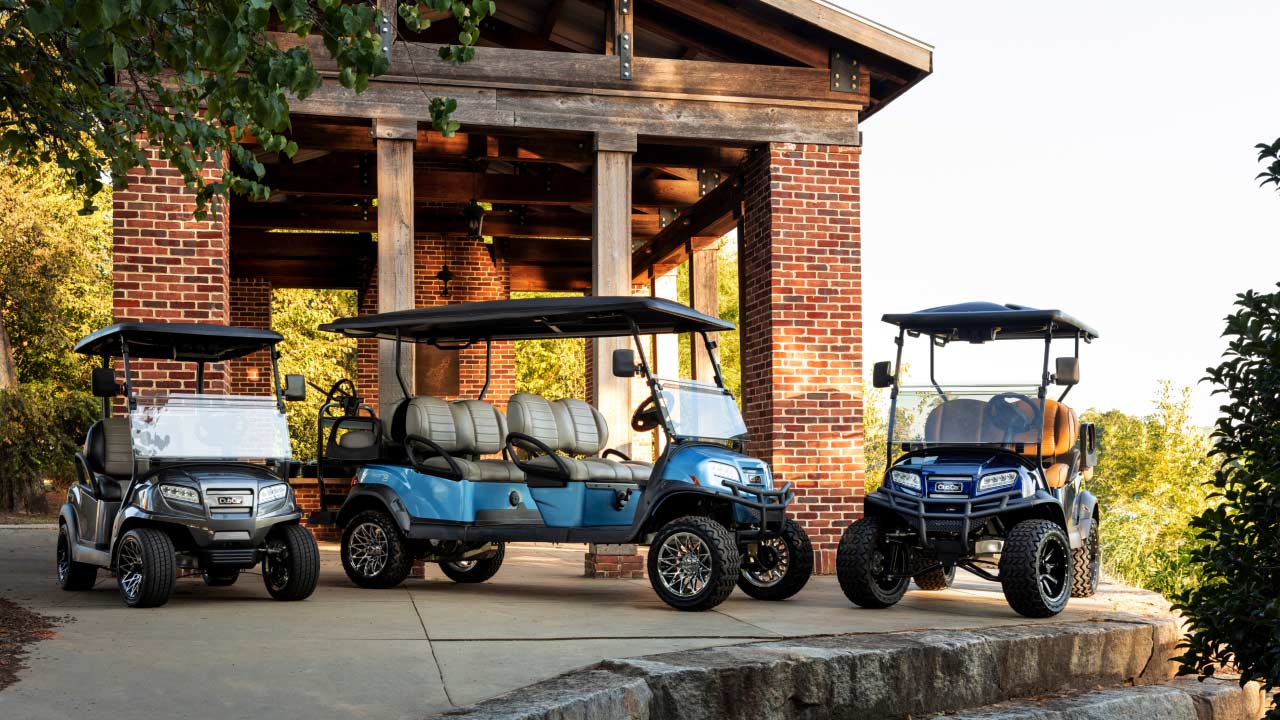 Onward golf carts shown in 2 passenger, lifted 4 passenger, and lifted 6 passenger
