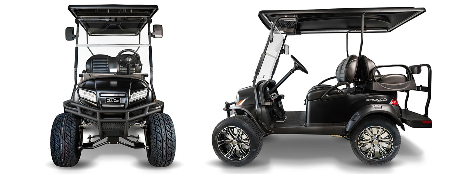 Onward special editions - Matte Black Onward Eclipse lifted 4 passenger golf cart - driver side profile and front view
