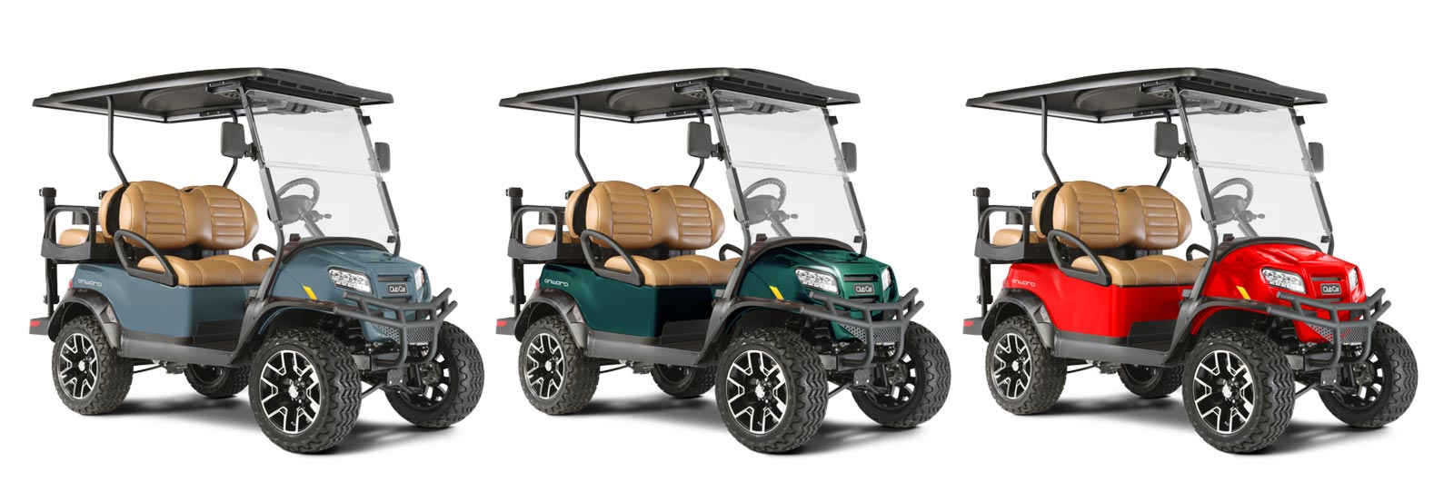Four passenger lifted golf carts in grey, green, and red