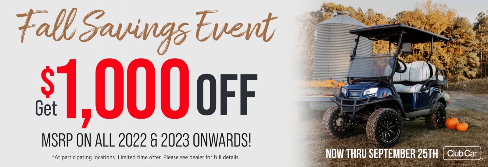 Onward Falls Savings Event Banner showing lifted 4 passenger golf cart