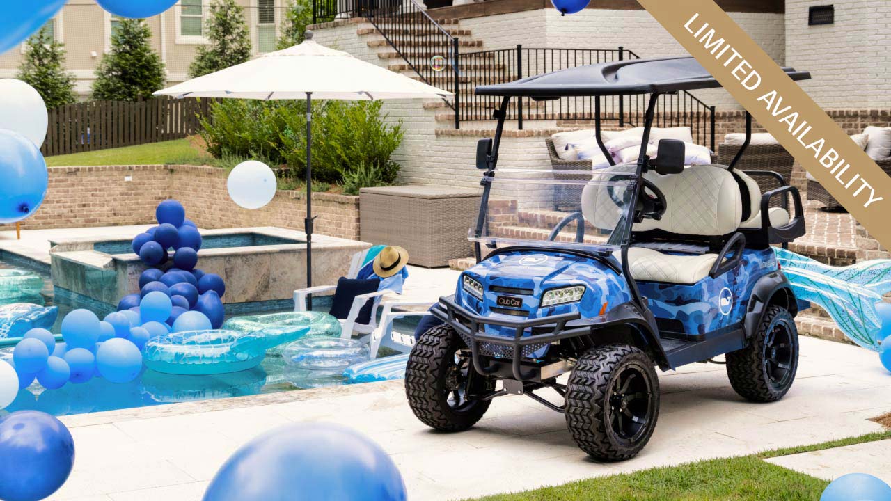 Onward special edition golf cart shown at pool party