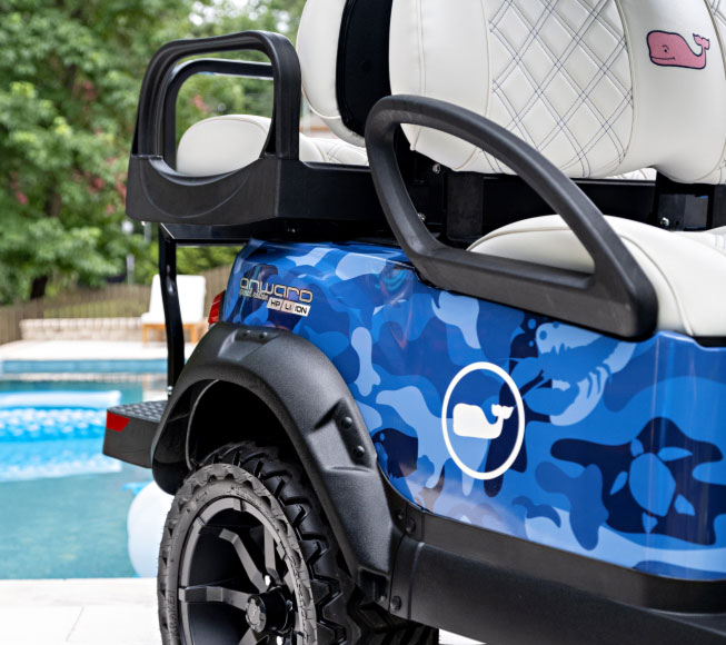 custom blue camo Onward golf cart with vineyard vines whale logo